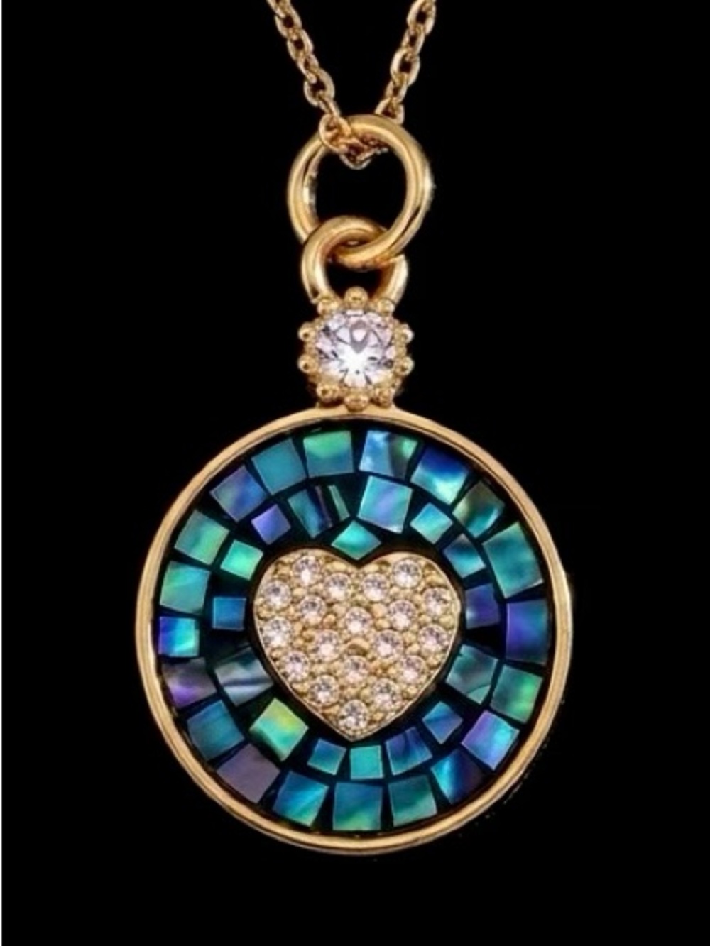 Abalone Mosaic Heart- Tiled Iridescent Seashell Clear Crystal Encrusted Necklace